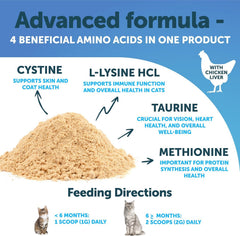 Artullano L-Lysine powder dispensed over cat food for easy administration.