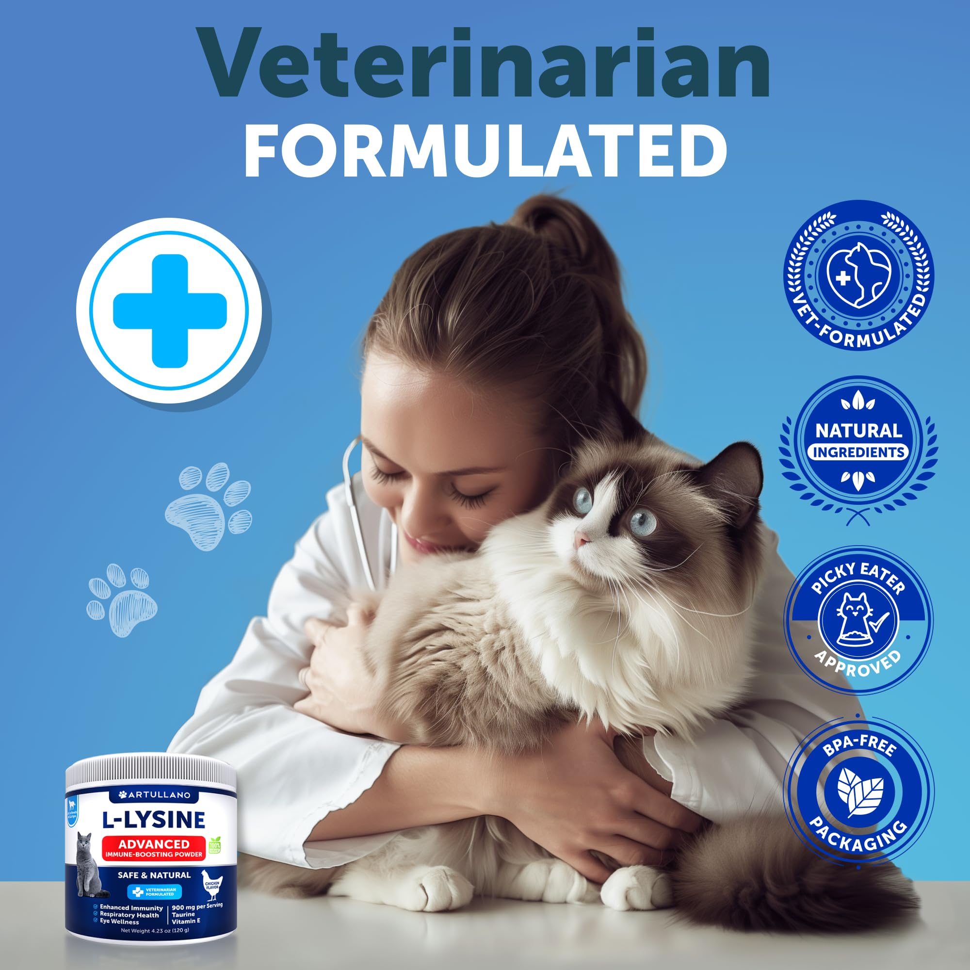 Artullano L-Lysine powder packaging label with ingredients.