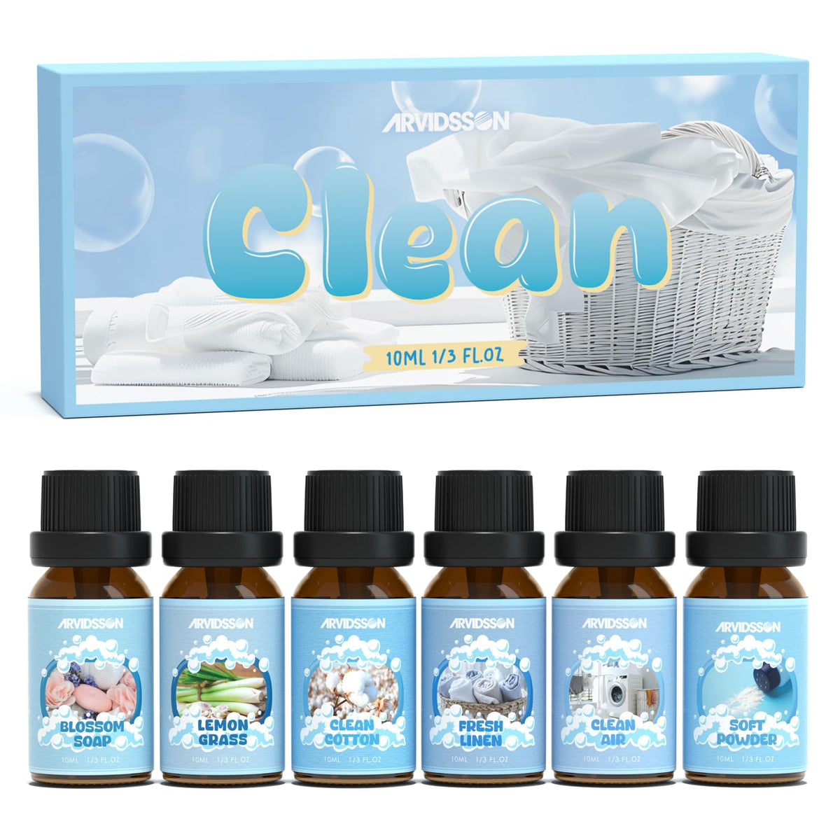 ARVIDSSON Clean Essential Oils Set with 6x10ml bottles for home fragrance and diffusion.