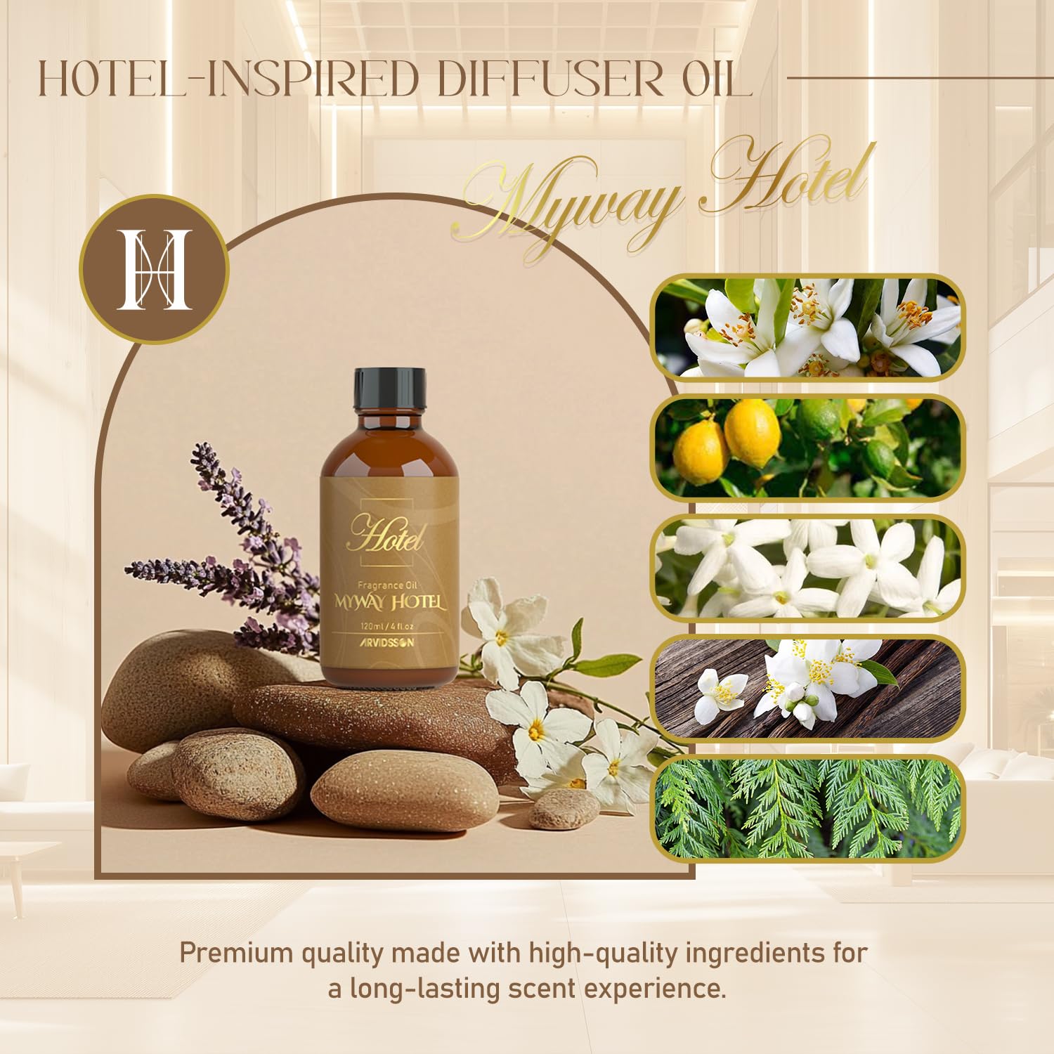 ARVIDSSON My Way diffuser oil bottle showcased for hotel-like ambience.