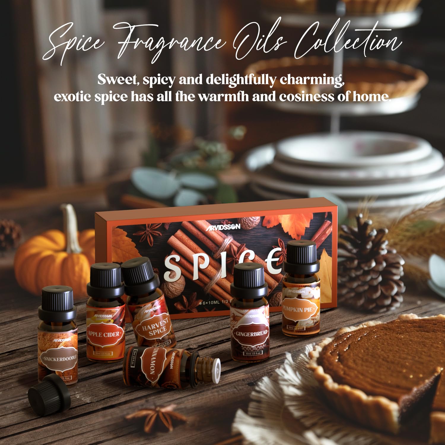 ARVIDSSON pumpkin pie spice oil bottle enhances seasonal home fragrance.