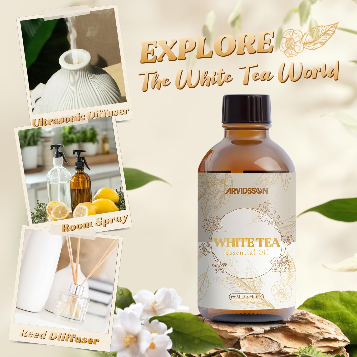 ARVIDSSON White Tea Oil packaging emphasizes the generous 120 ml size