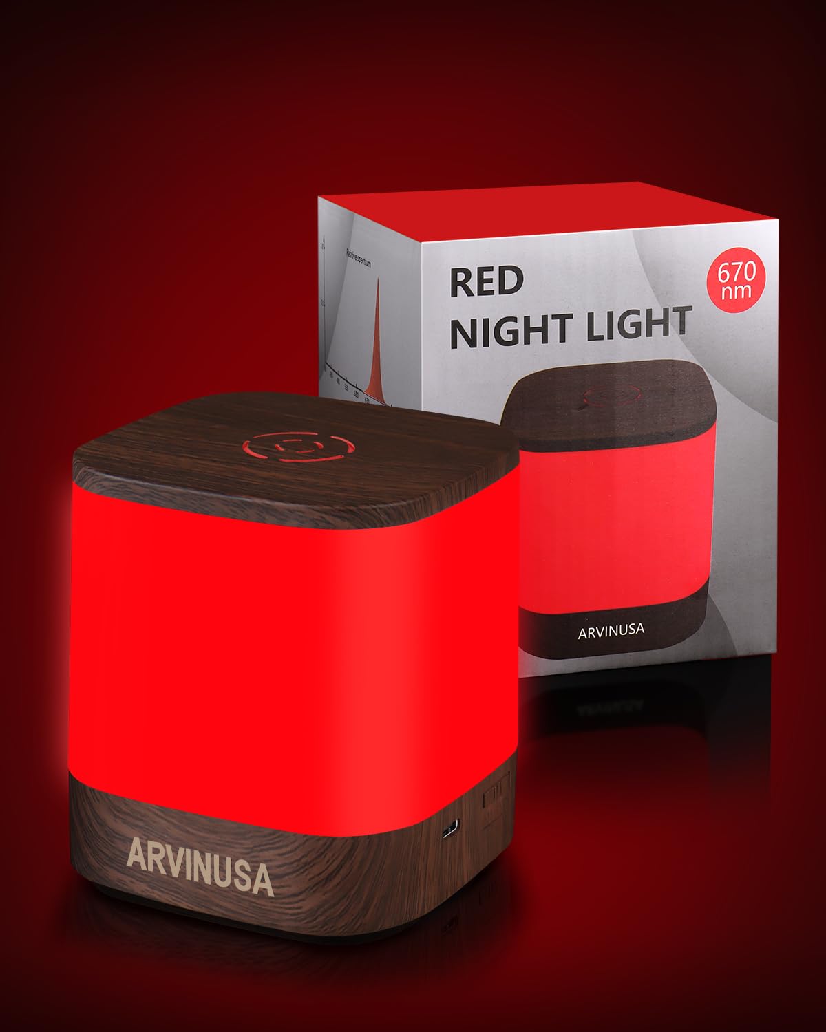 ARVINUSA red light night light on a nightstand with 670nm glow for calm evenings.