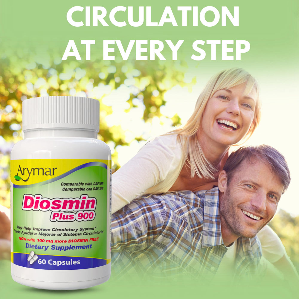 Arymar Diosmin Plus 900 B vitamins icons representing B1, B2, B12 support.