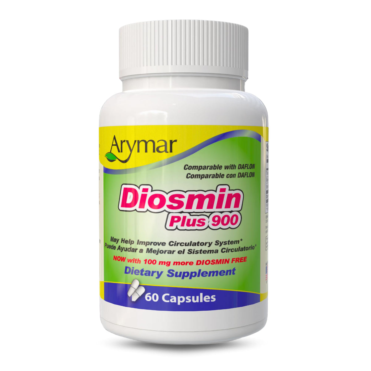 Arymar Diosmin Plus 900 bottle showing daily circulatory support.