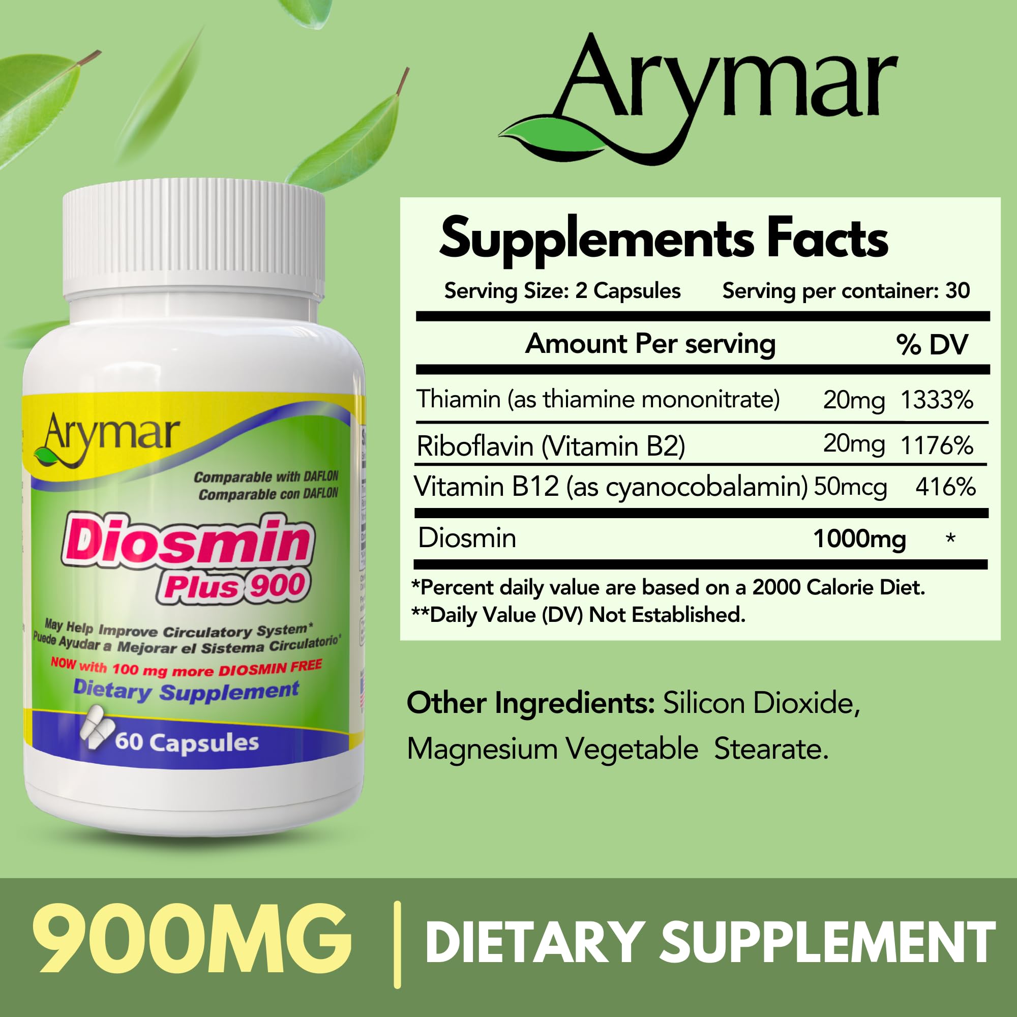 Arymar Diosmin Plus 900 ingredients list including flavonoid diosmin and B vitamins.