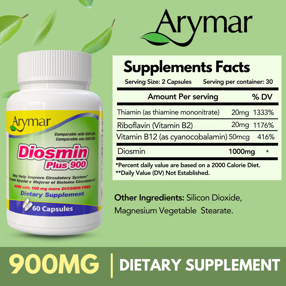 Arymar Diosmin Plus 900 ingredients list including flavonoid diosmin and B vitamins.