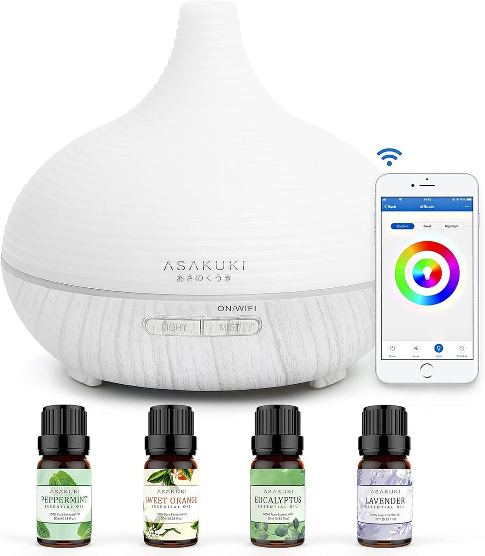 ASAKUKI 300ml diffuser with seven LED colors for ambient fragrance.