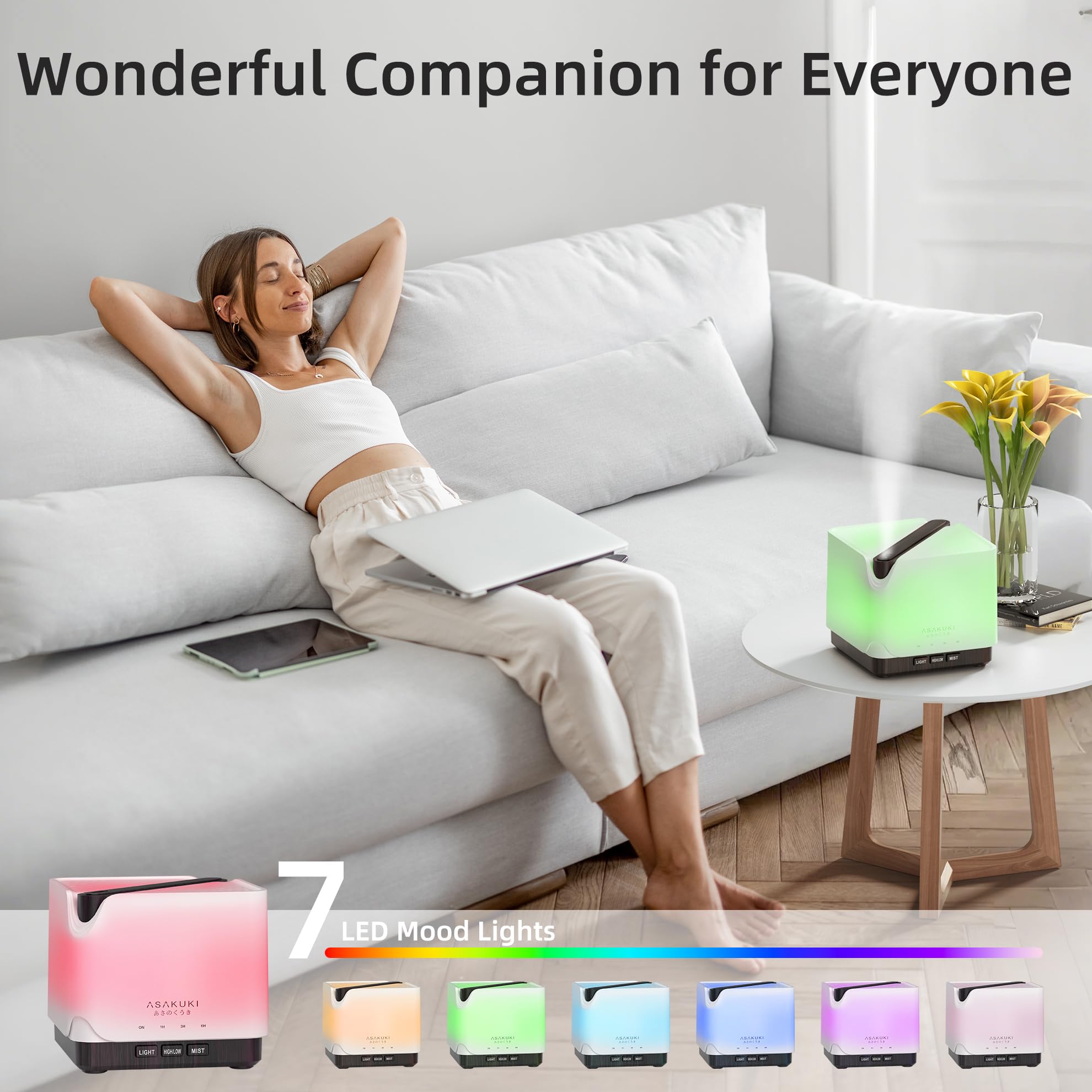 ASAKUKI ultrasonic diffuser offers two mist levels for fragrance intensity.