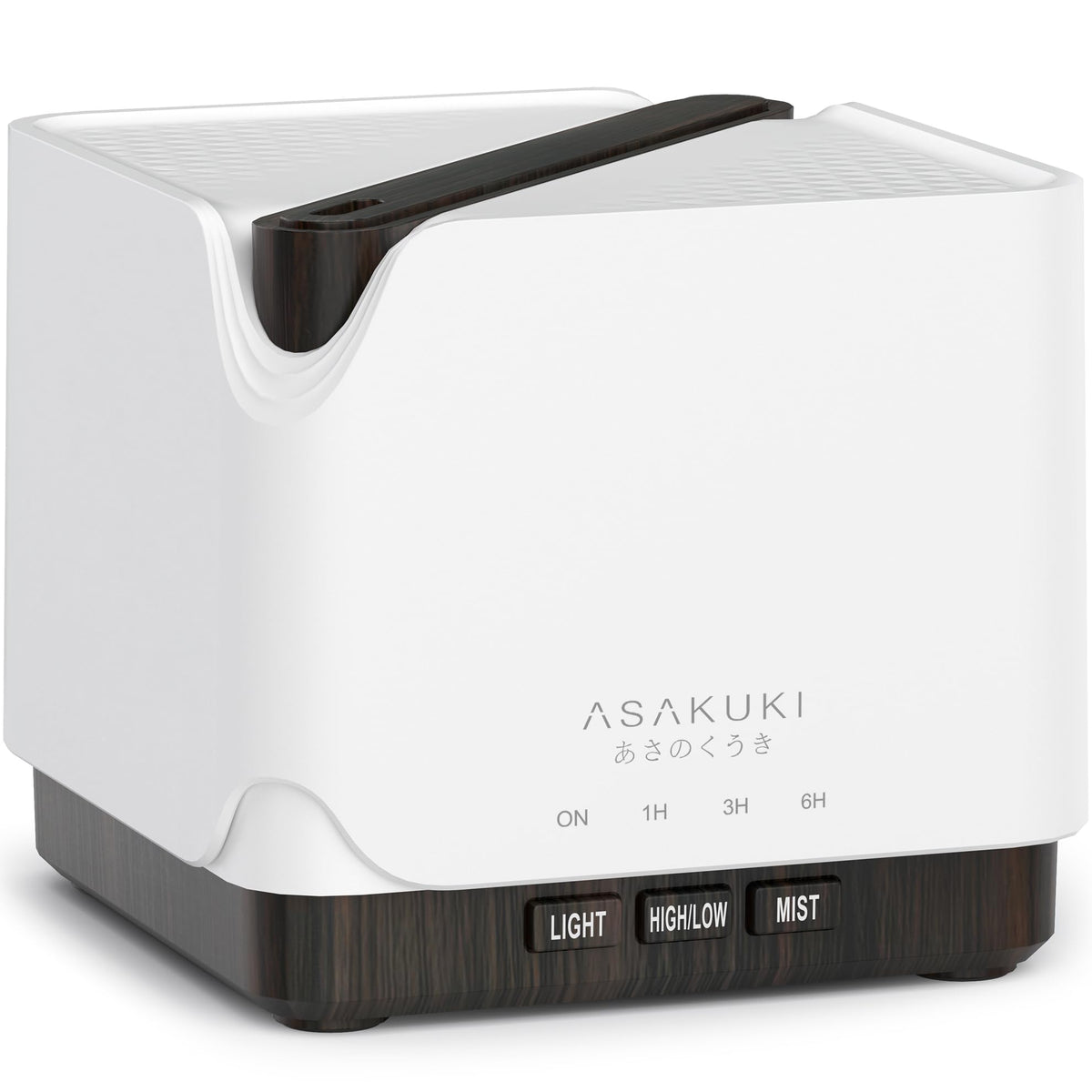 ASAKUKI essential oil diffuser in brown wood finish with a 700 ml tank and ambient light.