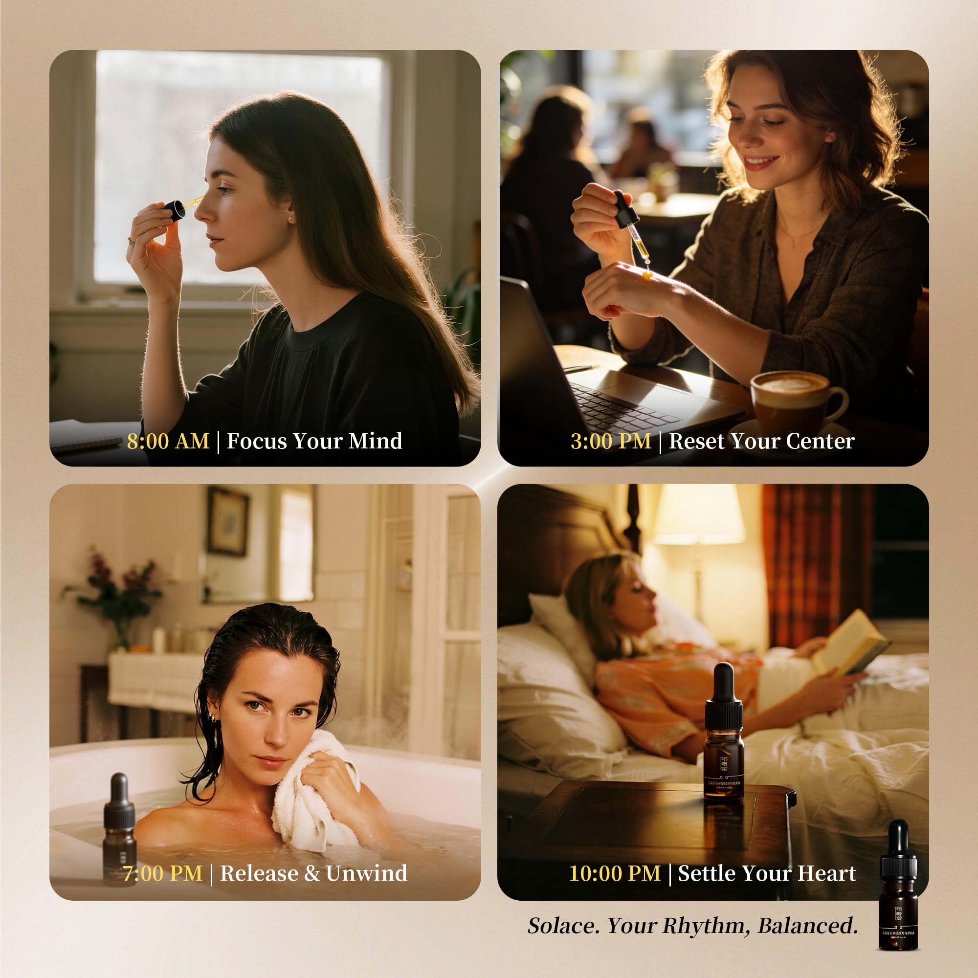 Close-up of Solace bottle emphasizing premium natural oils.