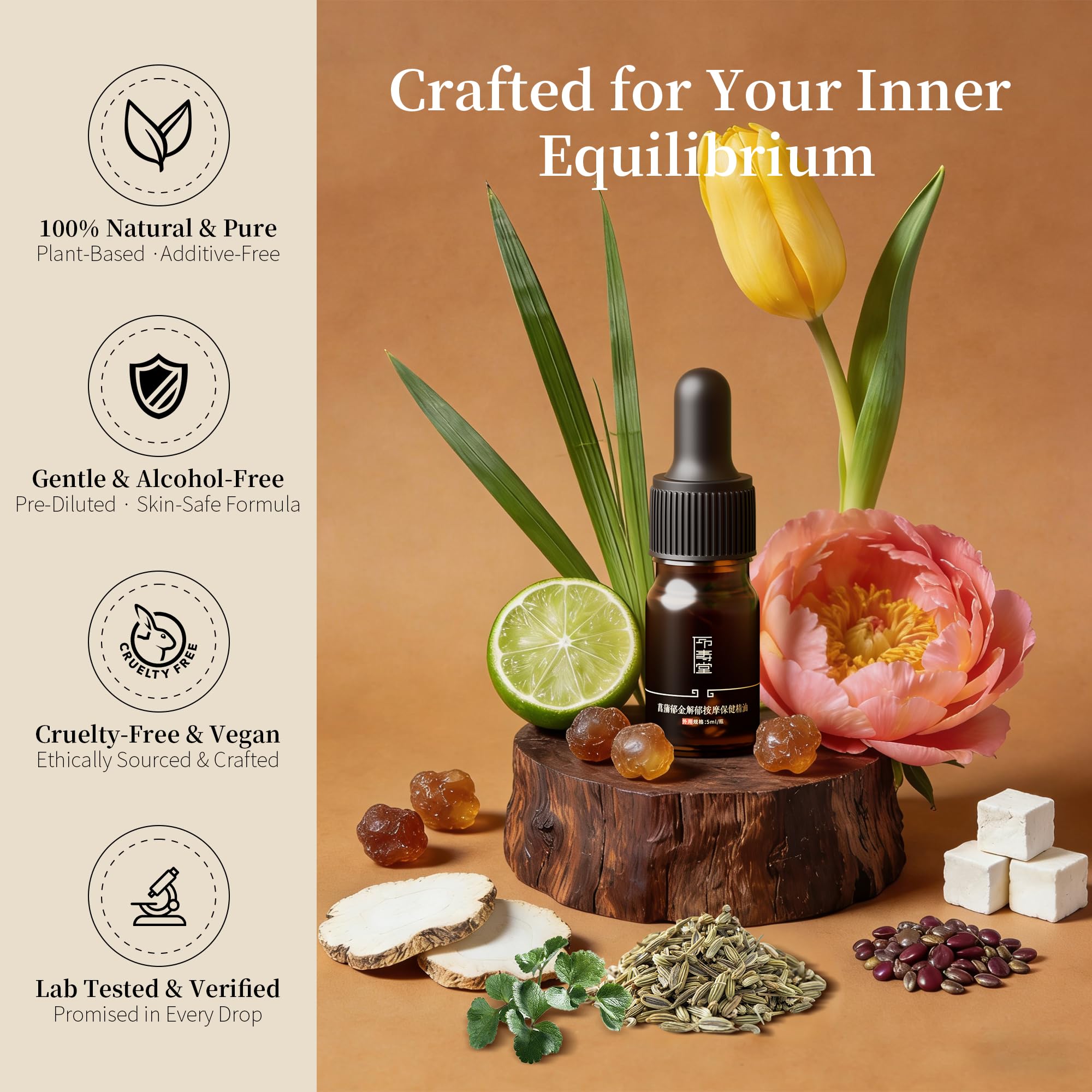 Solace essential oil bottle with built-in dropper for easy direct application.