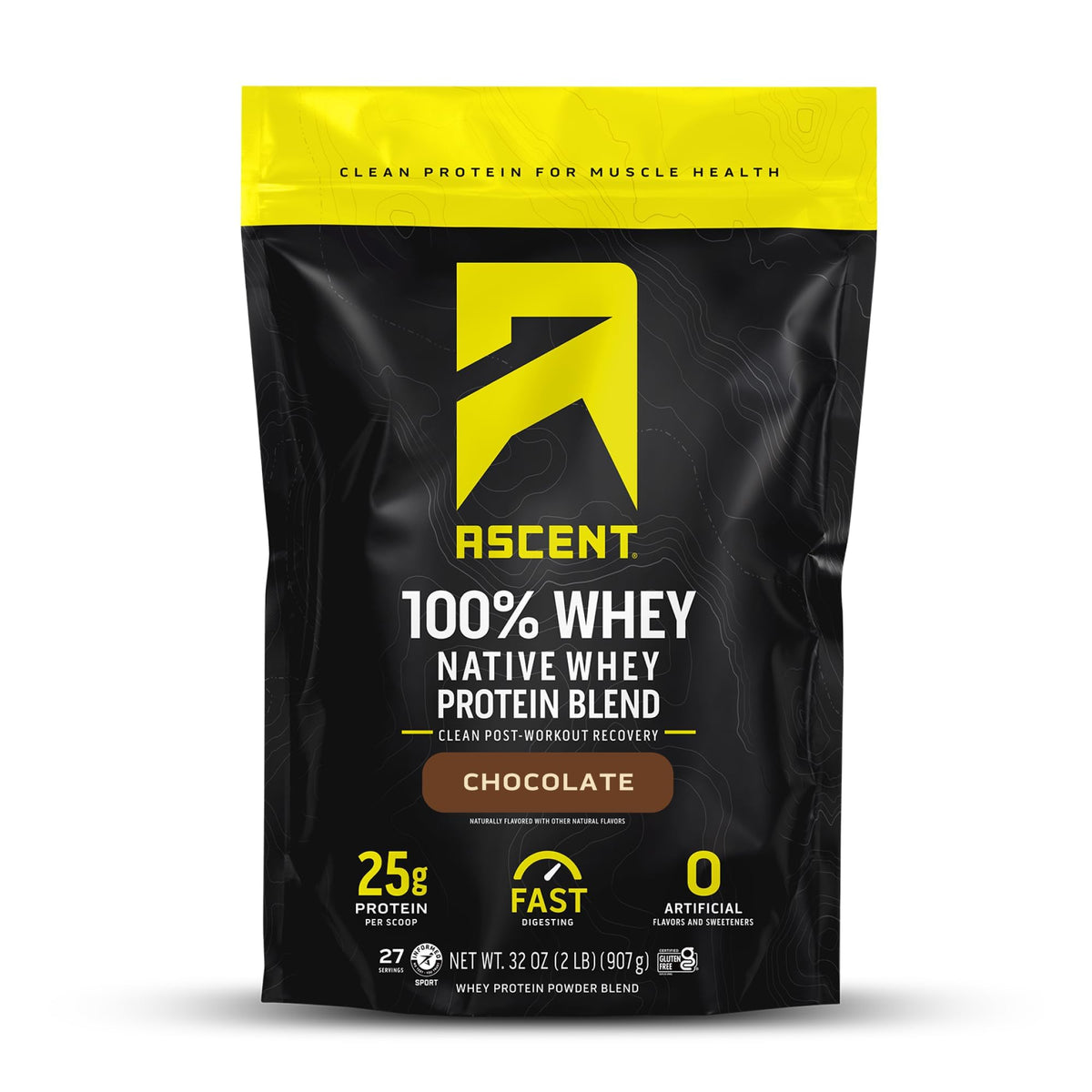 Ascent 100% Whey Chocolate bottle shows clean post-workout protein