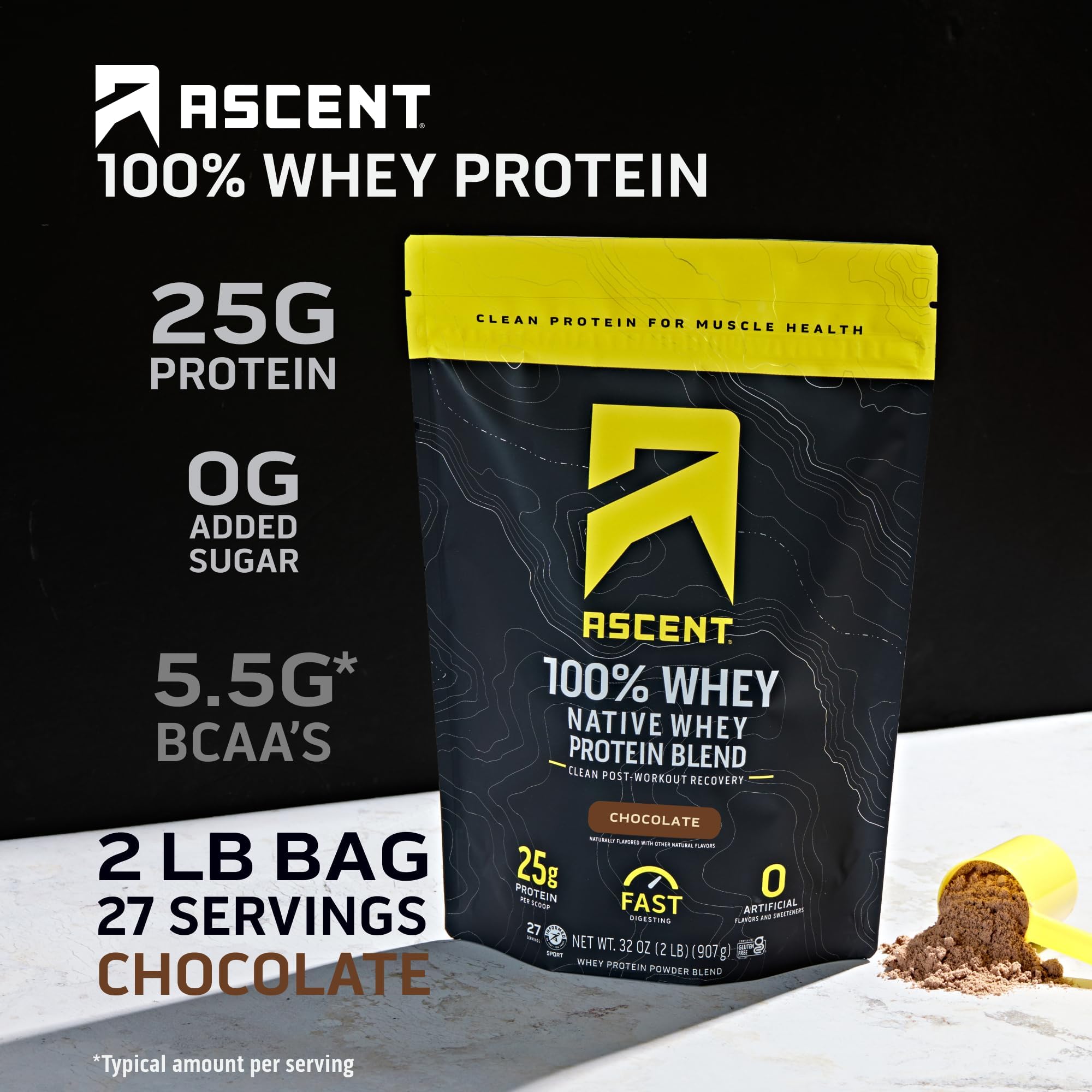 Ascent 100% Whey Chocolate scoop demonstrates precise serving size