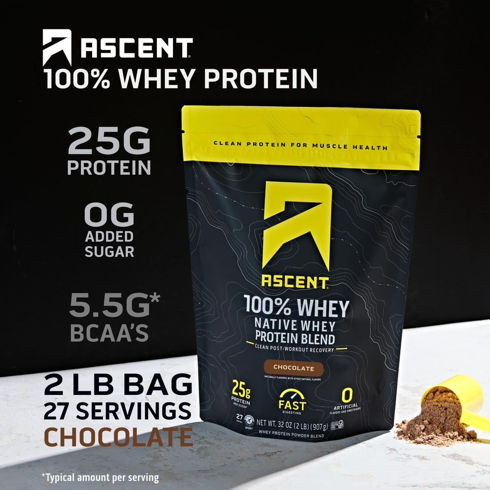 Ascent 100% Whey Chocolate scoop demonstrates precise serving size