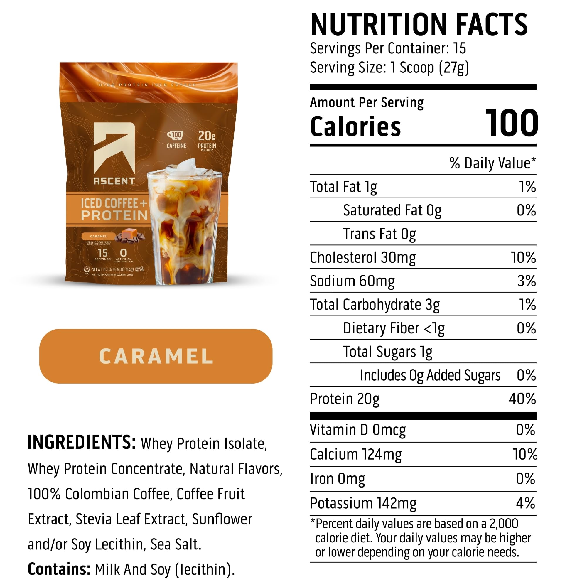 Ascent 100mg caffeine from premium Colombian coffee fuels workouts.