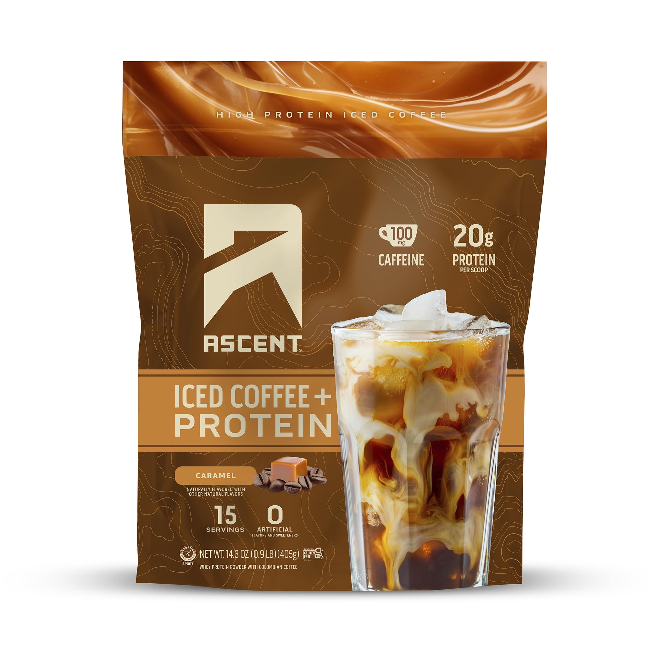 Ascent caramel iced coffee protein powder tub showing a protein-packed energy boost.
