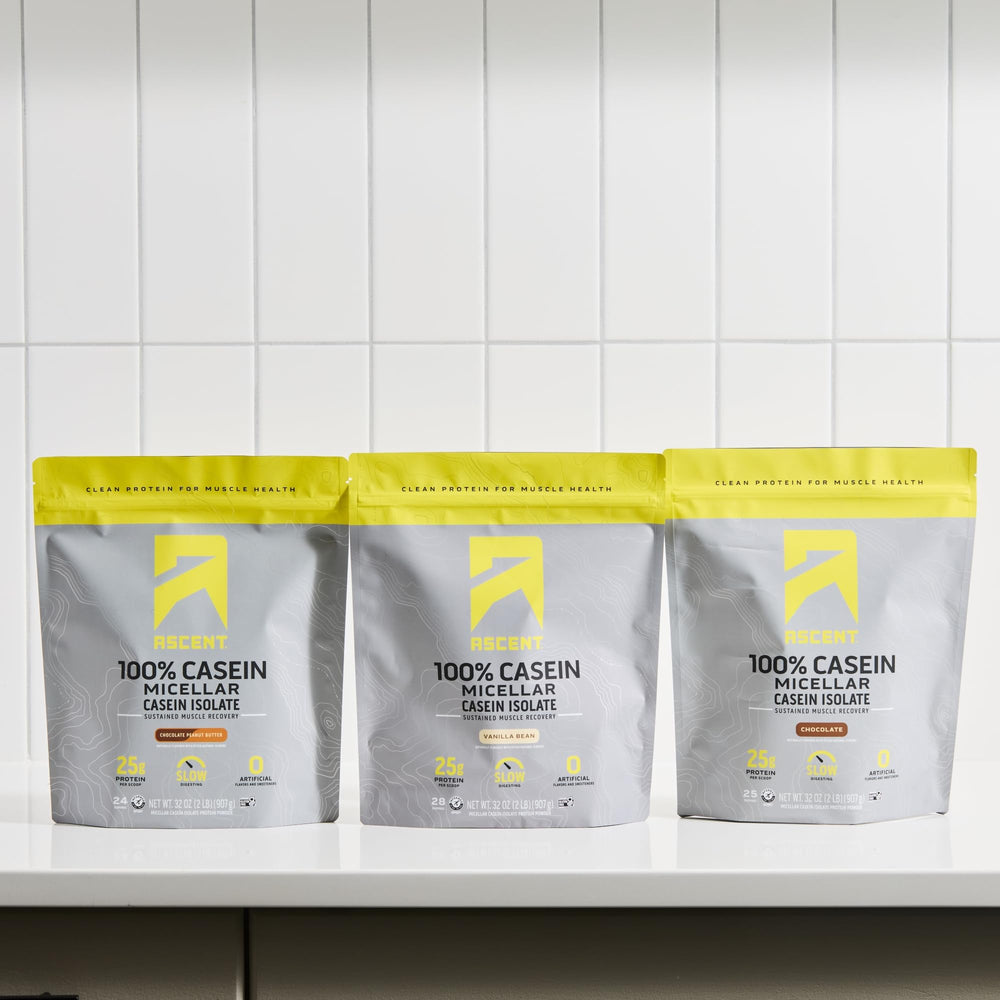 Ascent Casein Vanilla Bean packaging showing gluten-free badge and clean ingredients.