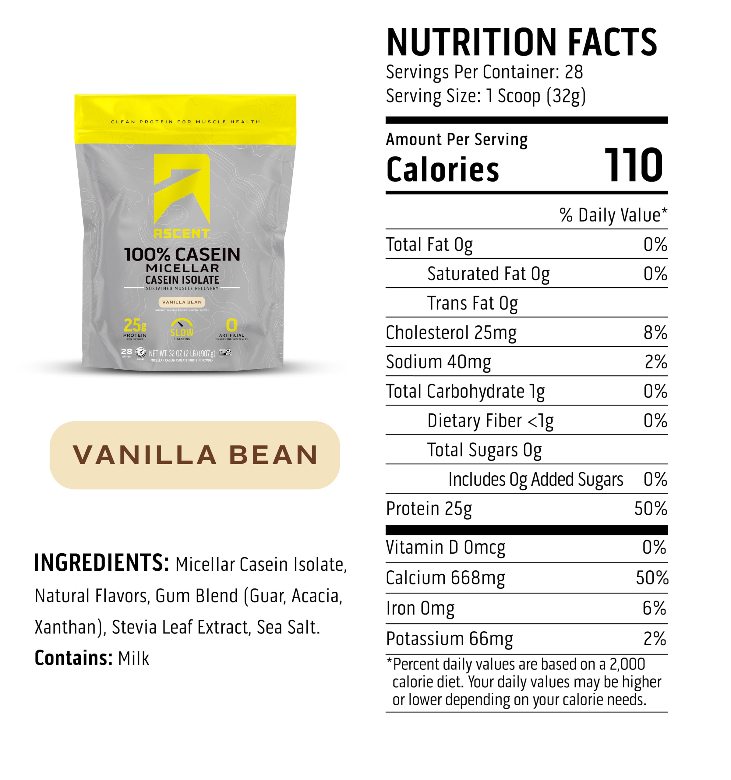 Ascent Casein Vanilla Bean scoop with tub for easy 2 lb packaging.