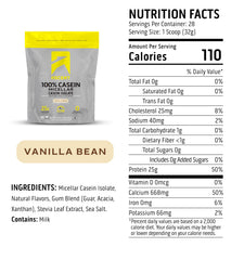 Ascent Casein Vanilla Bean scoop with tub for easy 2 lb packaging.