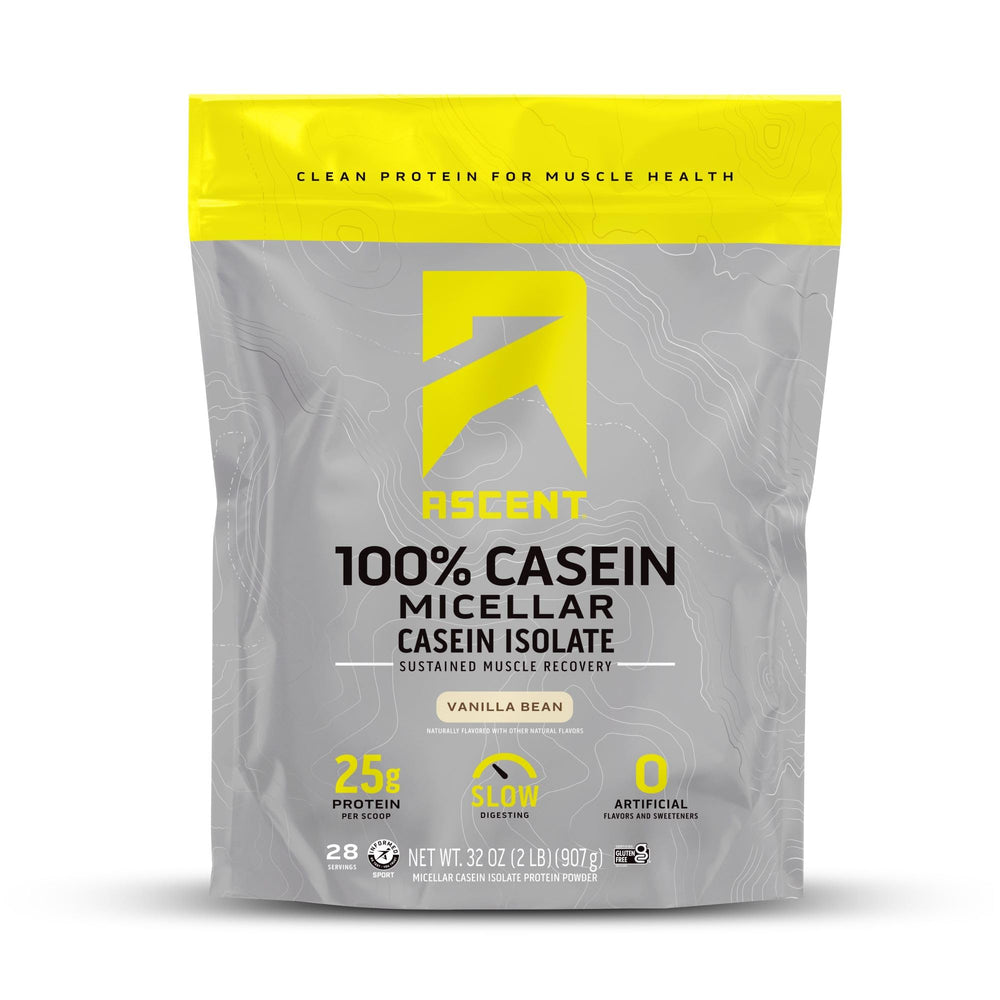 Ascent Casein Vanilla Bean tub front for steady overnight recovery.