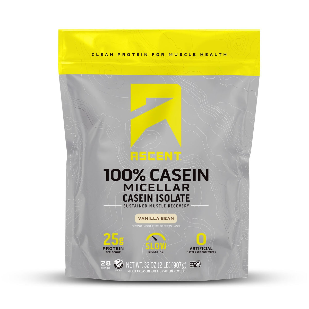 Ascent Casein Vanilla Bean tub front for steady overnight recovery.