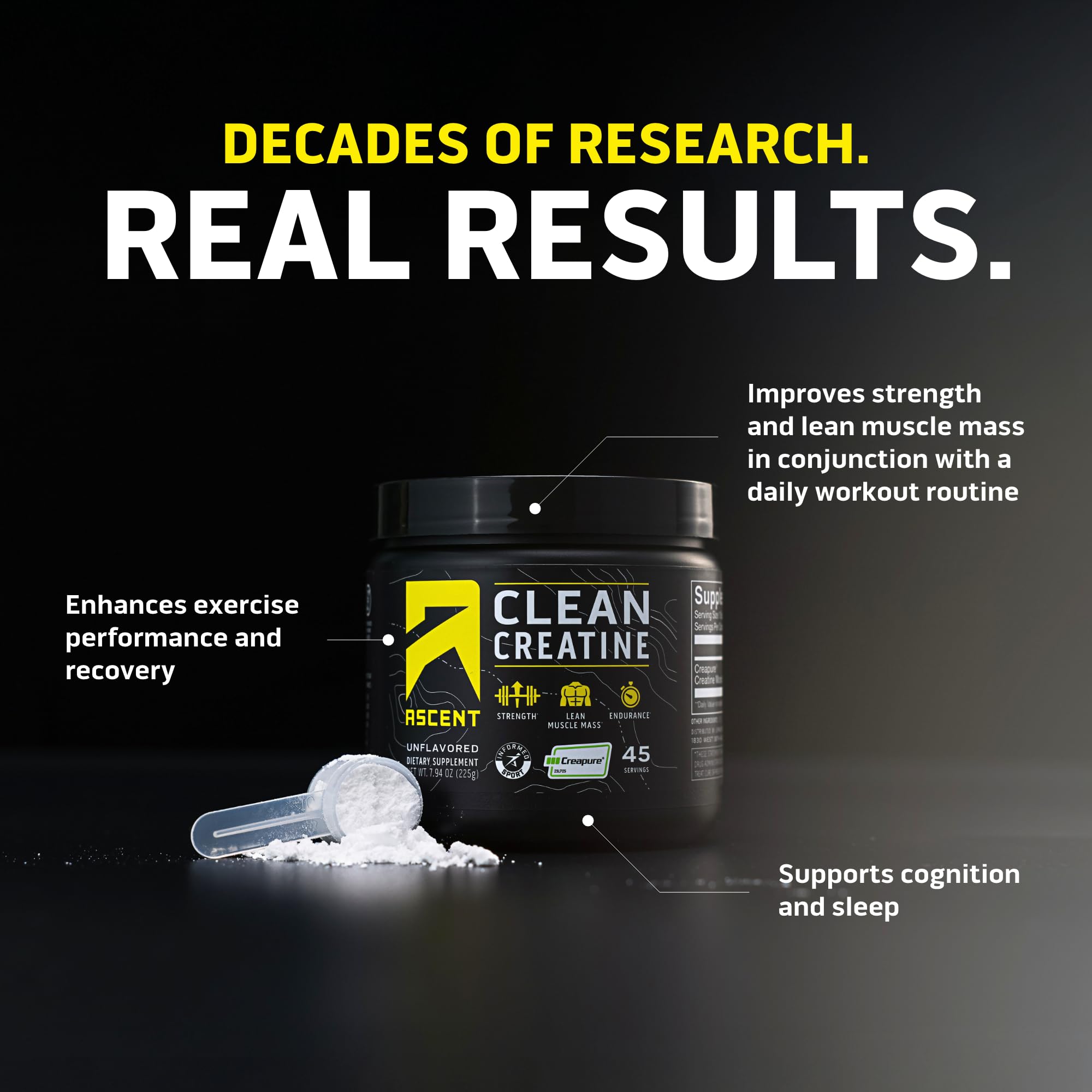Ascent Clean Creatine Monohydrate unflavored powder with 5g serving for daily training routines.