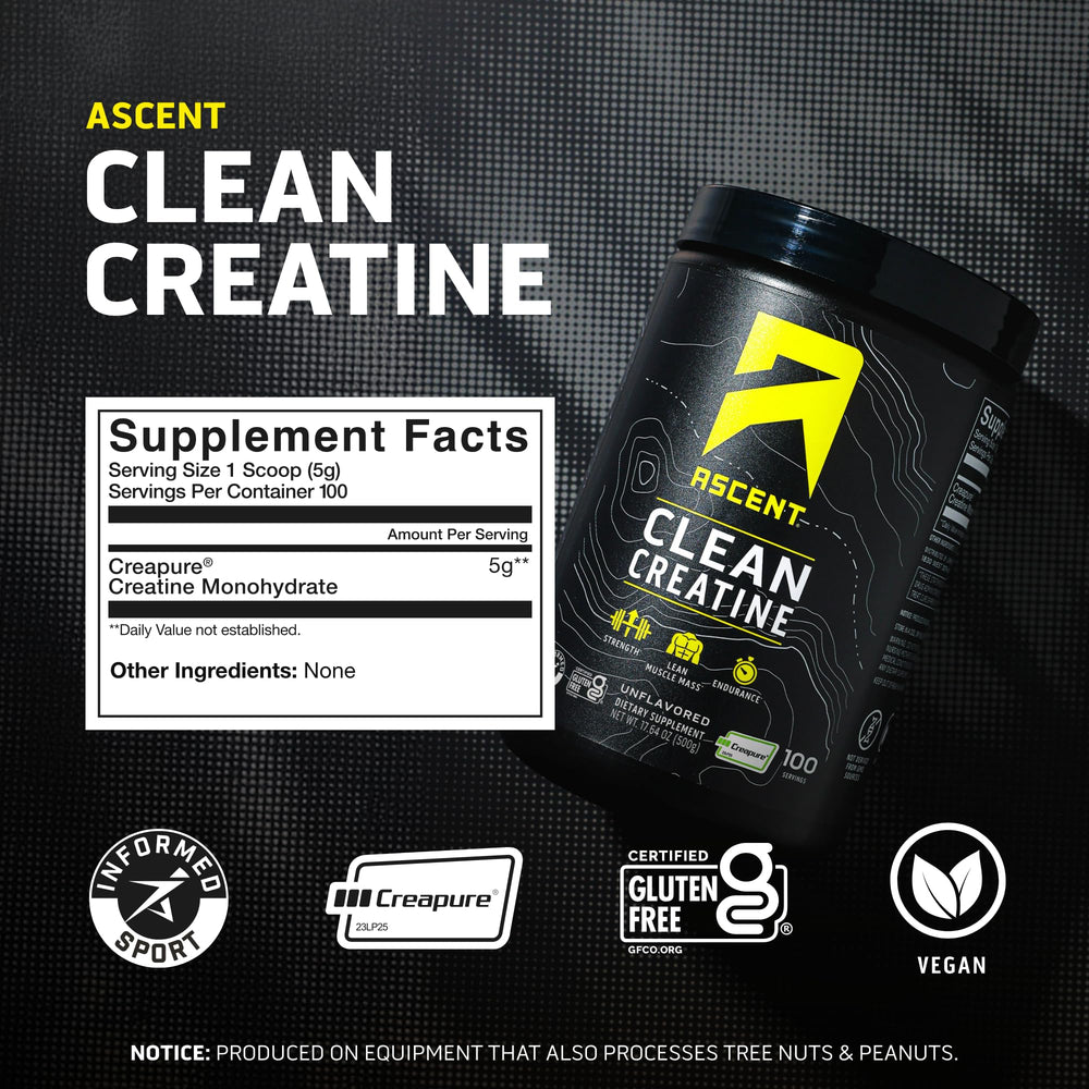 Ascent Clean Creatine powder being poured into a shaker for workouts