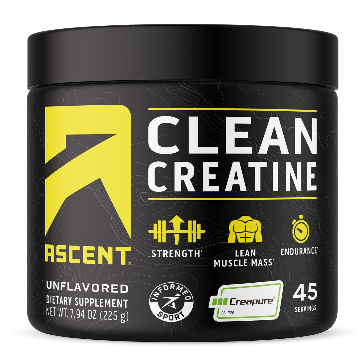 Ascent Clean Creatine Monohydrate powder tub showing Creapure purity for intense workouts.