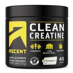 Ascent Clean Creatine Monohydrate powder tub showing Creapure purity for intense workouts.
