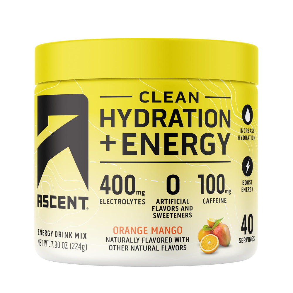 Ascent Clean Hydration + Energy orange mango tub front showing refreshing electrolytes and label.