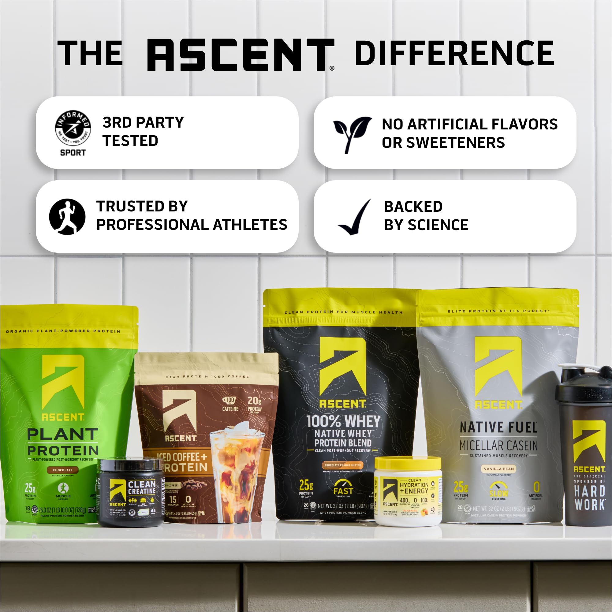 Ascent clean ingredients label emphasizes no artificial flavors or sweeteners.
