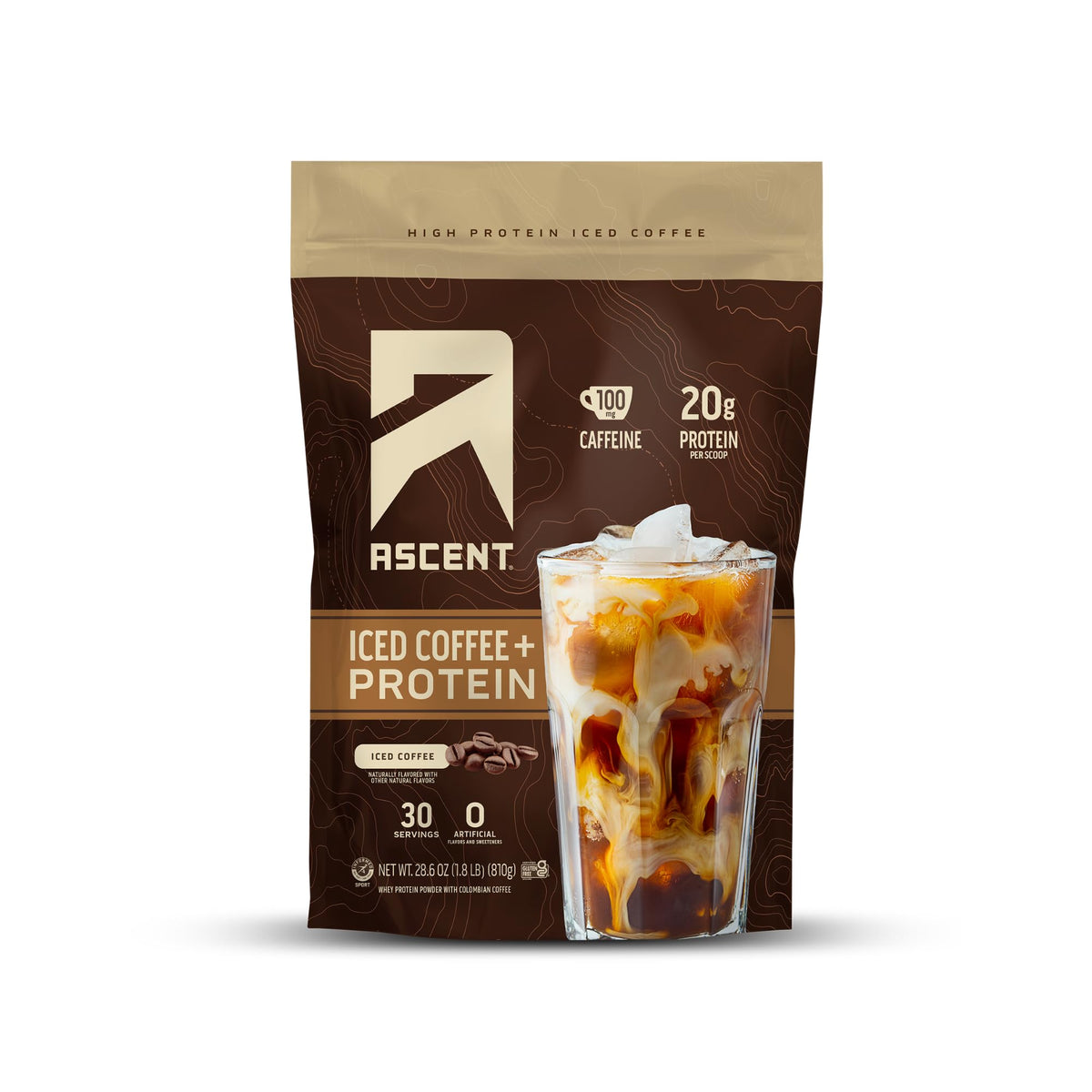 Ascent Iced Coffee Protein Powder canister front view showcasing 20 g protein and 100 mg caffeine.
