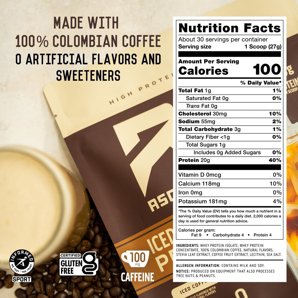 Ascent Iced Coffee Protein Powder glass with stirred drink shows convenient mix for busy days.