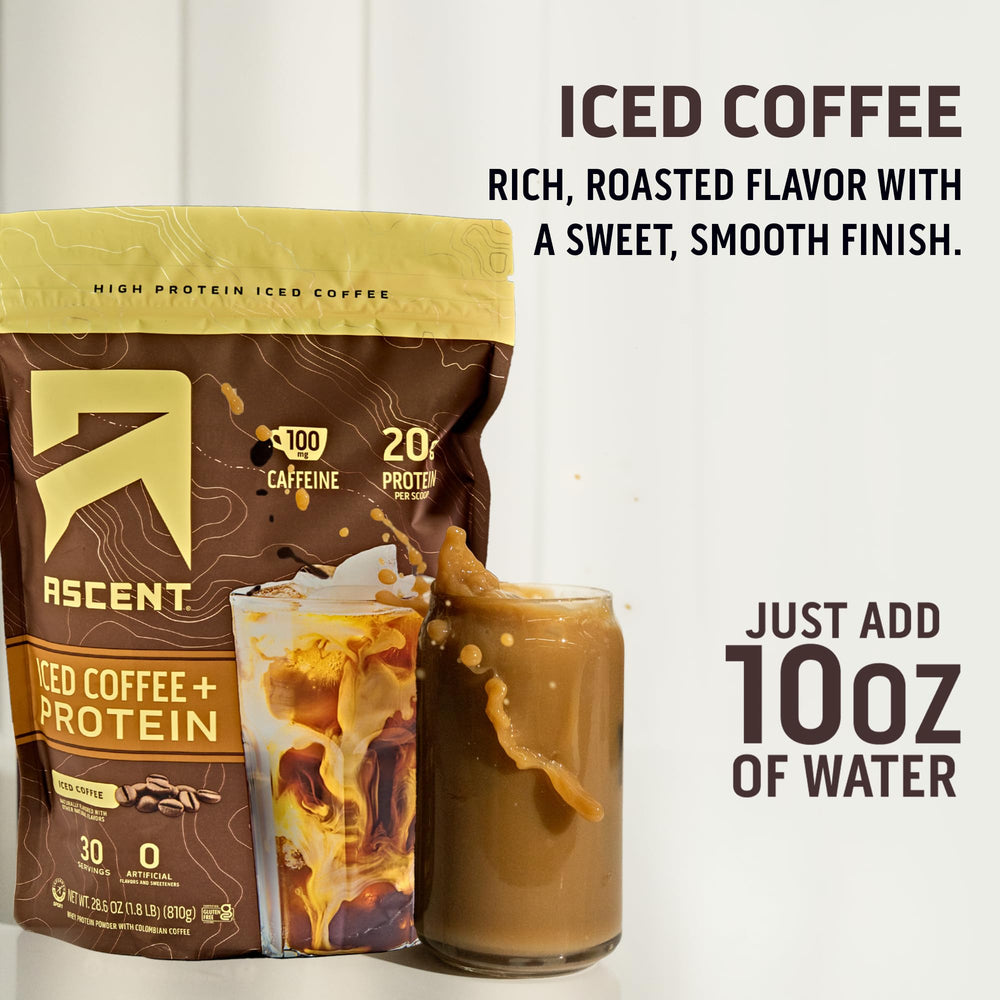 Ascent Iced Coffee Protein Powder morning routine with energy-ready beverage.