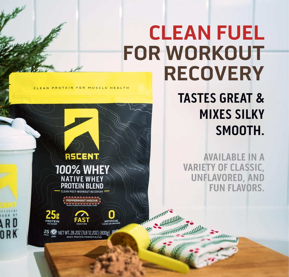 Ascent Peppermint Mocha bag on counter for easy storage.