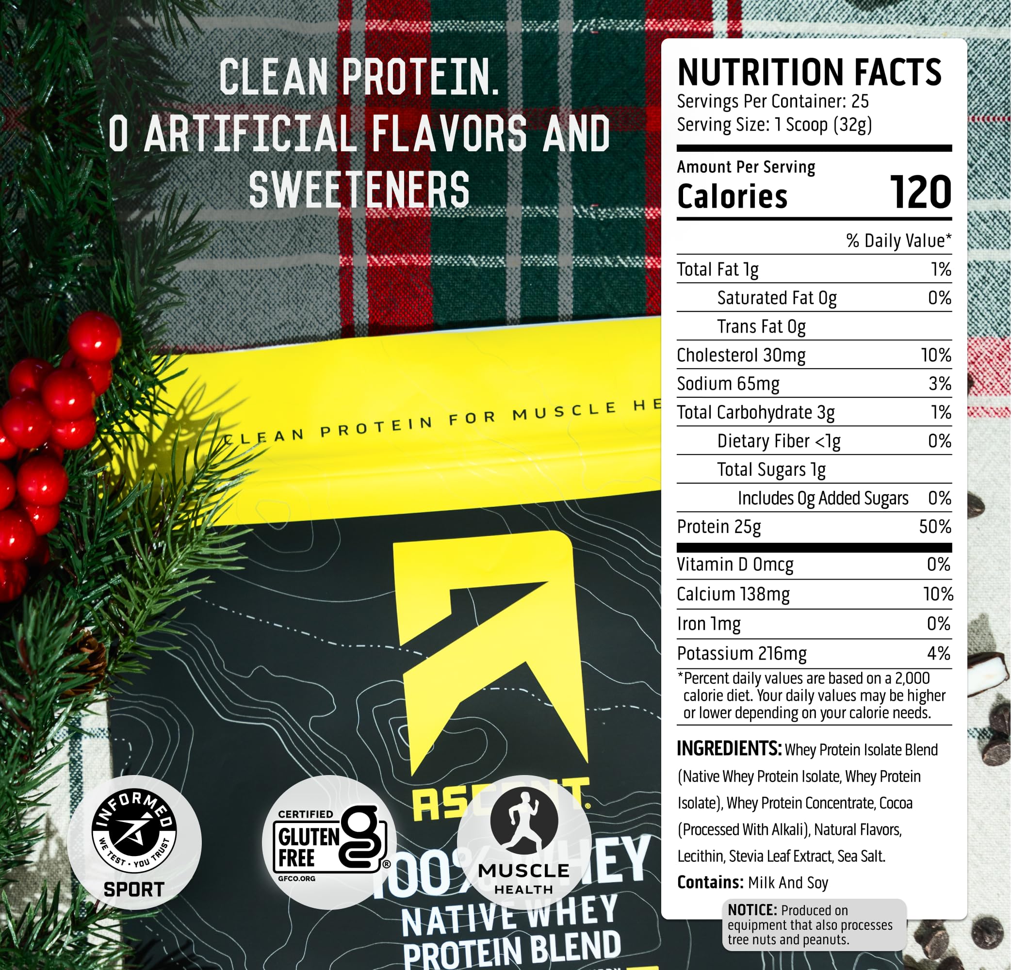 Ascent Peppermint Mocha packaging highlights gluten-free, no artificial ingredients.