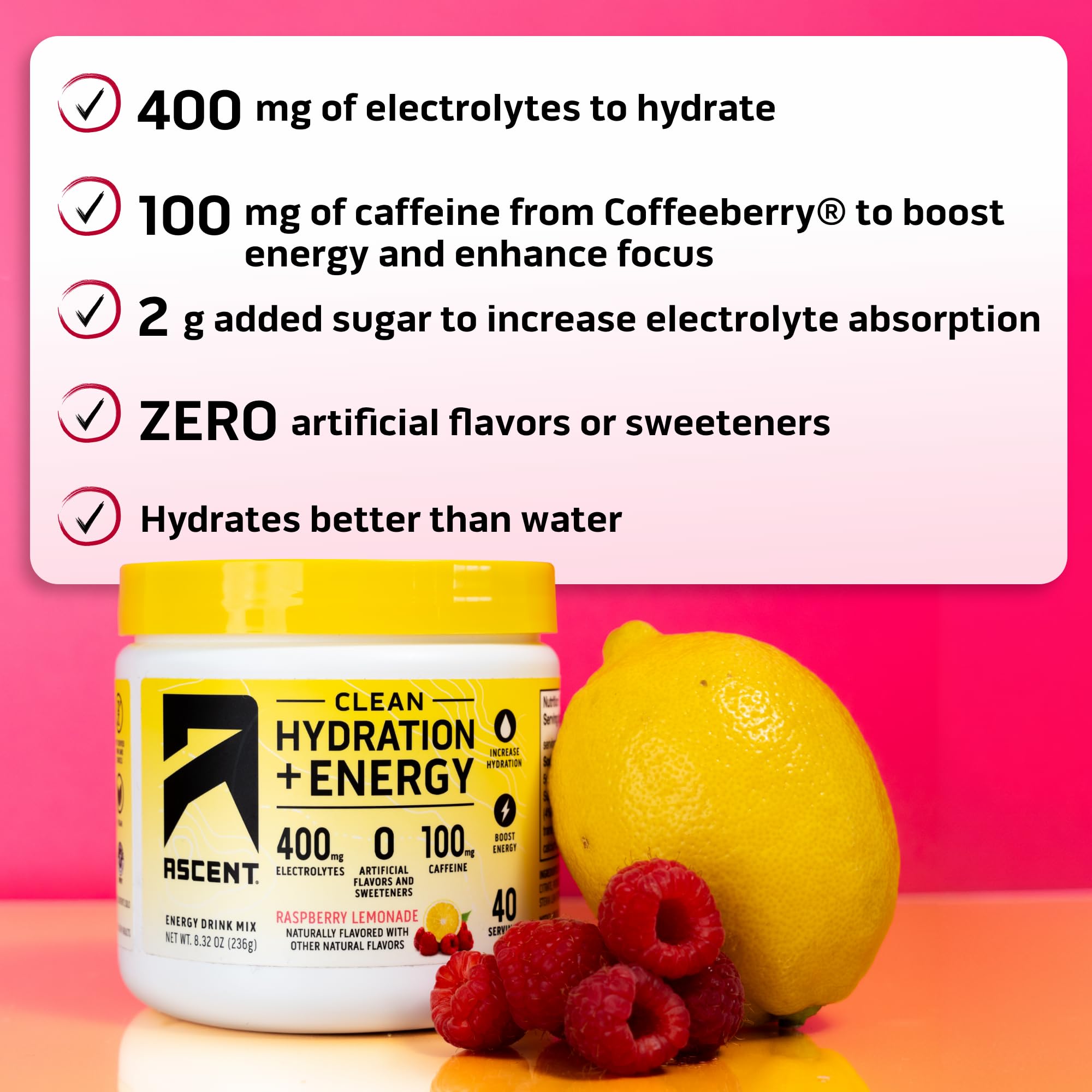 Ascent Raspberry Lemonade flavor glass showcases refreshing hydration and clean energy.
