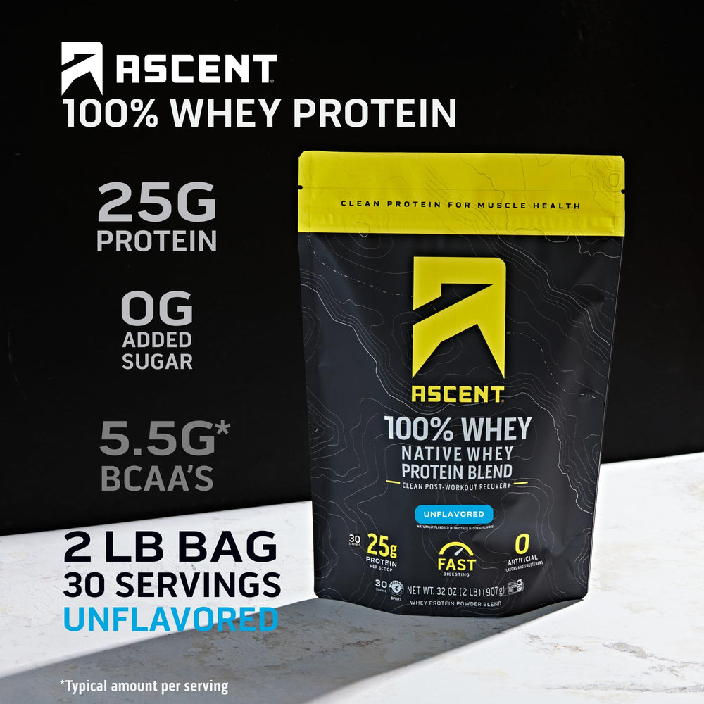 Ascent Unflavored Native Whey scoop showing precise measurement for easy mixing