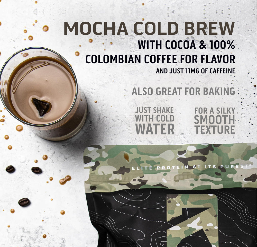 Ascent Mocha Cold Brew label close-up highlights BCAA and leucine benefits.