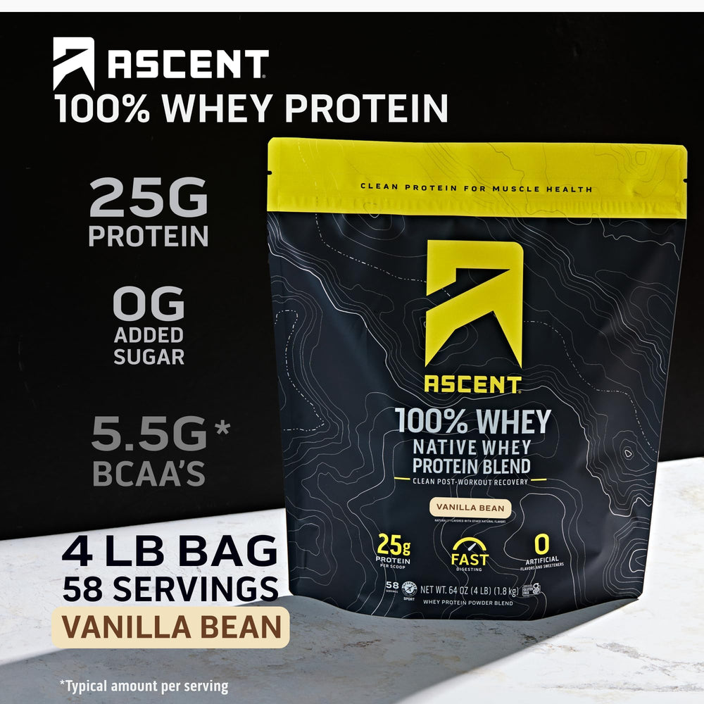 Ascent Vanilla Bean whey bag for easy storage between workouts