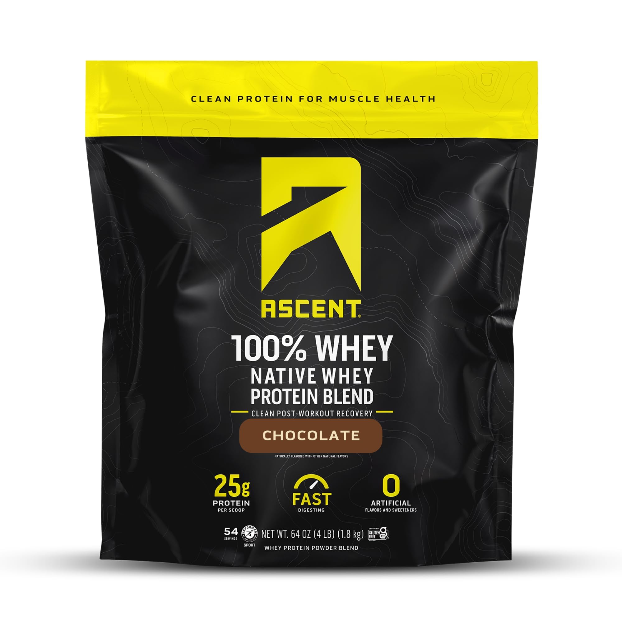 Ascent 100% Whey Chocolate packaging front for post-workout fueling
