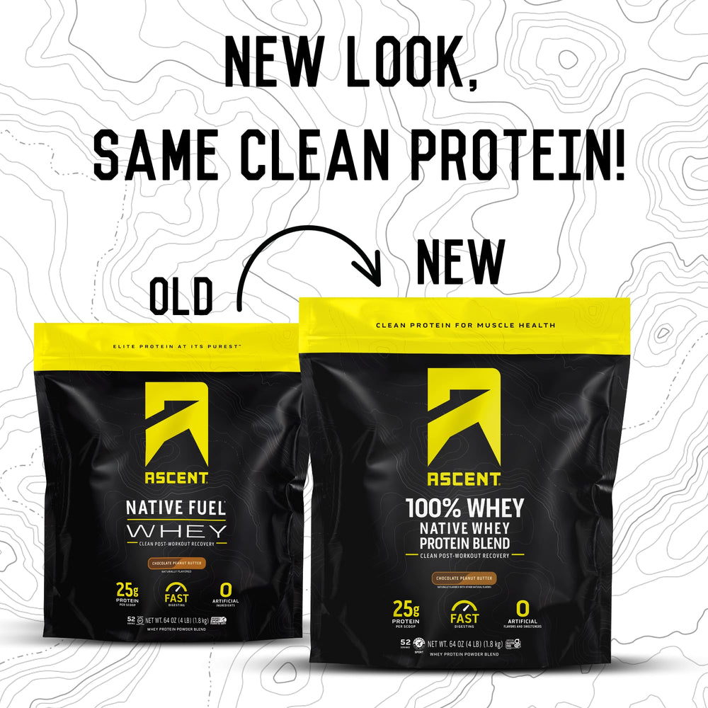 Ascent whey protein scoop with chocolate peanut butter, convenient post-workout shake