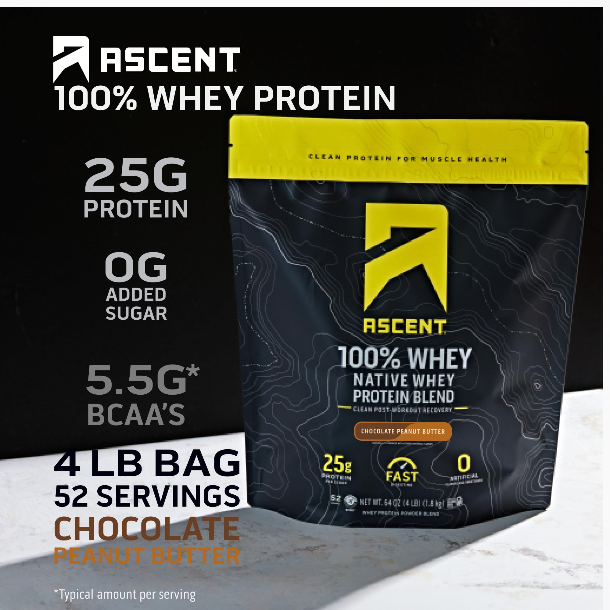 Ascent whey protein tub back showing gluten-free formula and clean ingredients