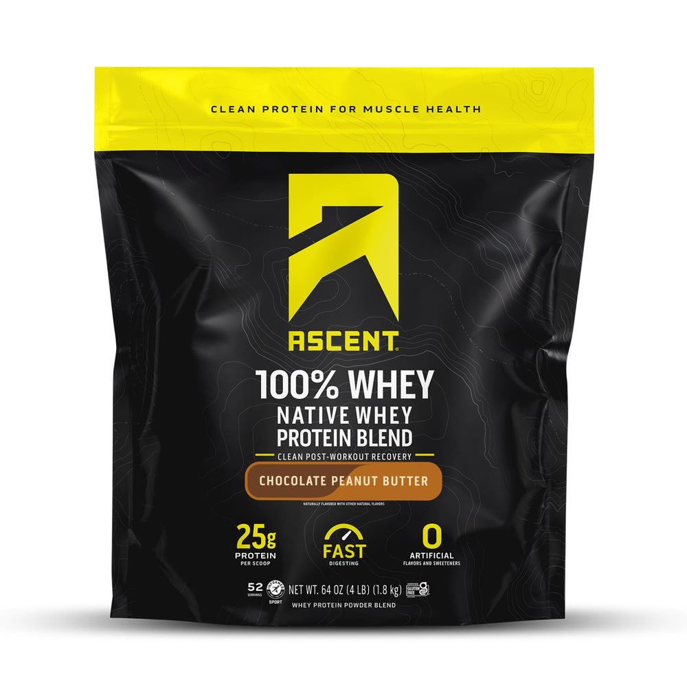 Ascent 100% whey protein tub front view with chocolate peanut butter flavor, post-workout refreshment