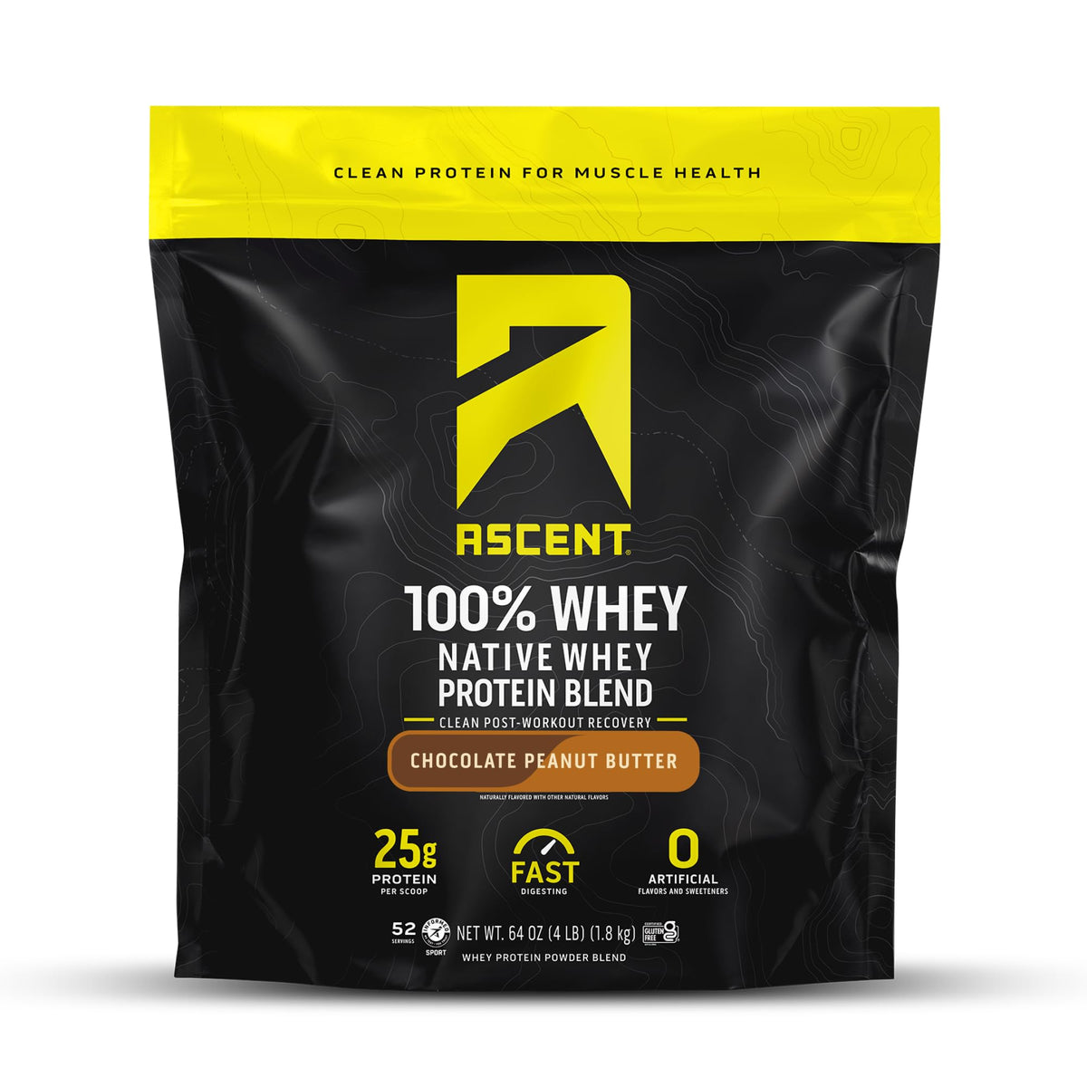 Ascent 100% whey protein tub front view with chocolate peanut butter flavor, post-workout refreshment