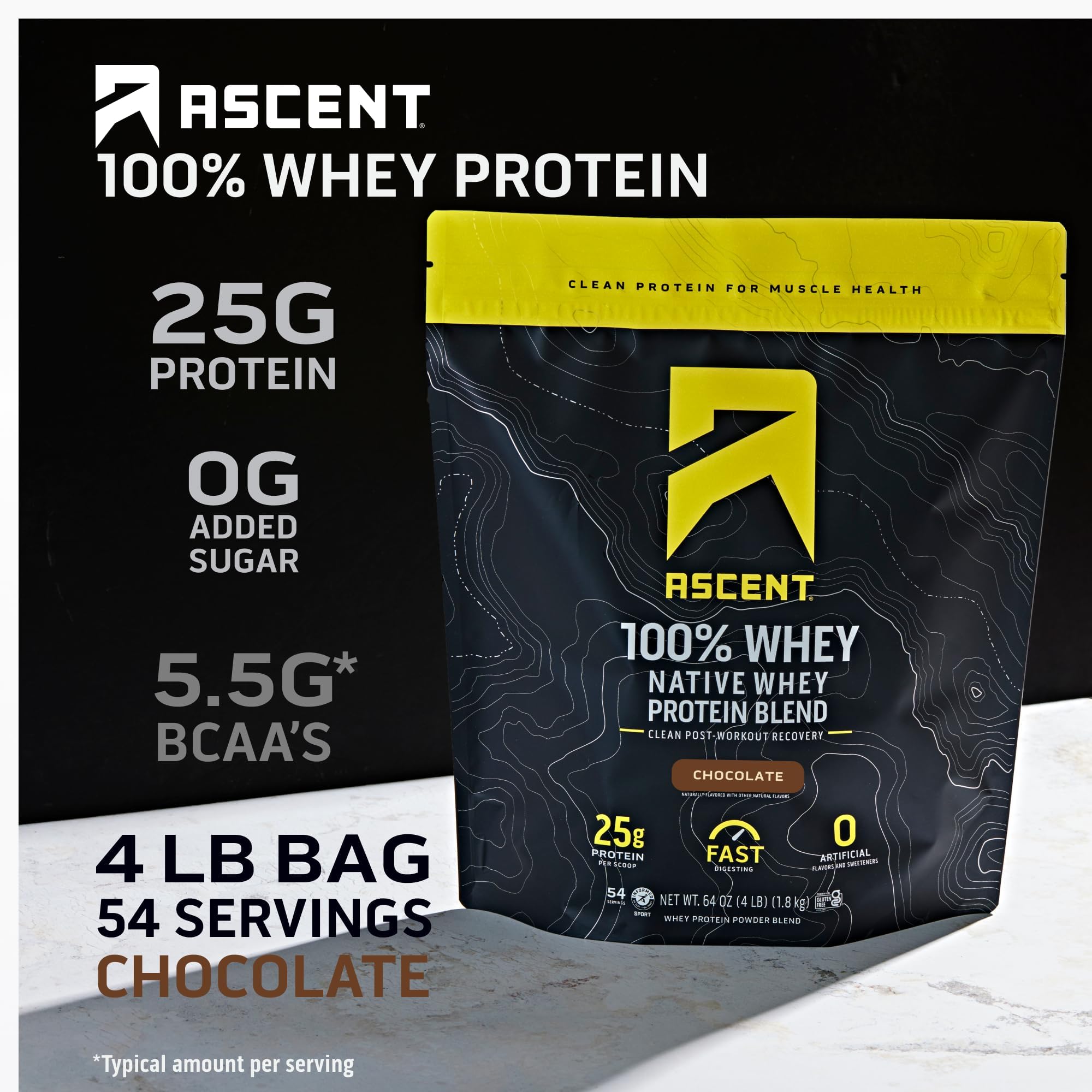 Ascent 100% Whey Chocolate scoop inside container for easy serving
