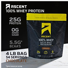 Ascent 100% Whey Chocolate scoop inside container for easy serving