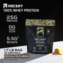 Ascent whey protein scoop shows zero artificial flavors and sweeteners.