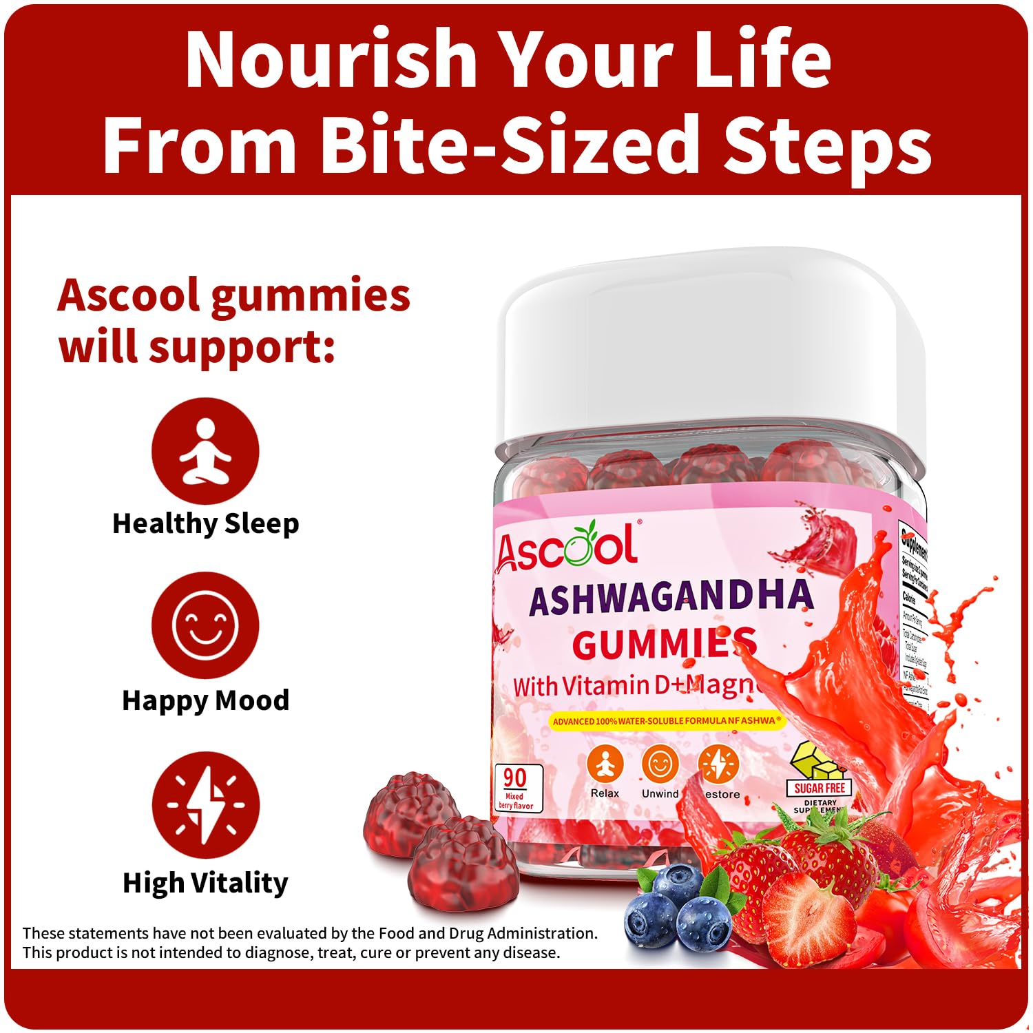 Ascool Ashwagandha Gummies berry-closeup, showcasing flavor and vegan recipe